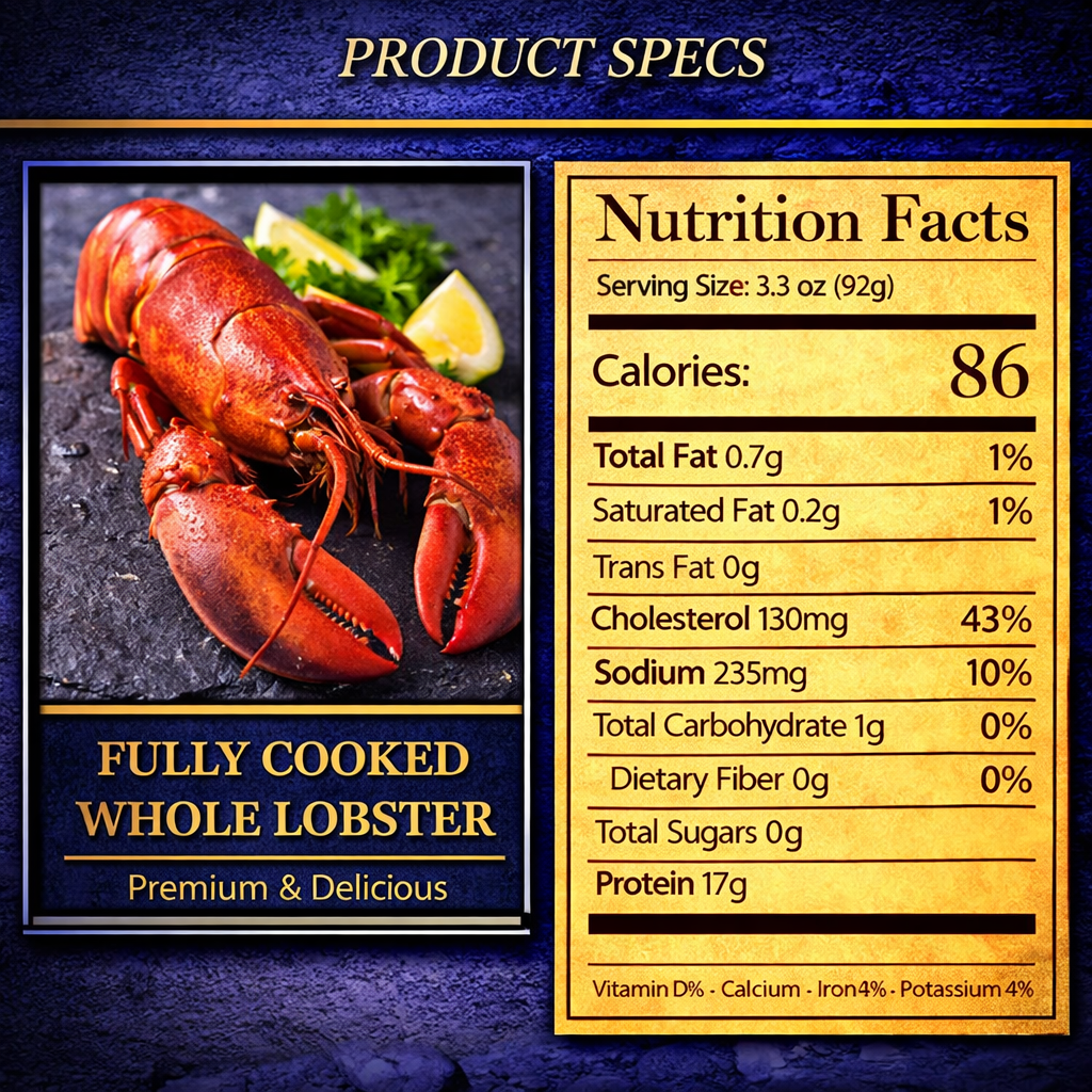 Fully Cooked Whole Lobster (1.25 lb Each, 2-20 lb Packs)